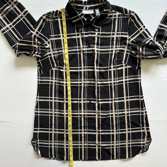 Susan Graver Blouse Top Plaid Button Down Relaxed Black Tan Small Classic Office - Picture 11 of 11